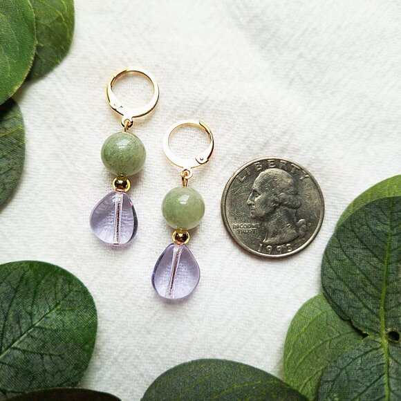 Ethereal Fairycore Earrings, Mystical Romantic Dangles, Gold Plated Jade Earring - Picture 3 of 6